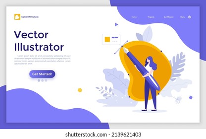 Landing page template with artist or designer drawing Bezier curve using pen tool. Concept of illustrator, graphic editor, program for digital art and design. Flat vector illustration for website. 