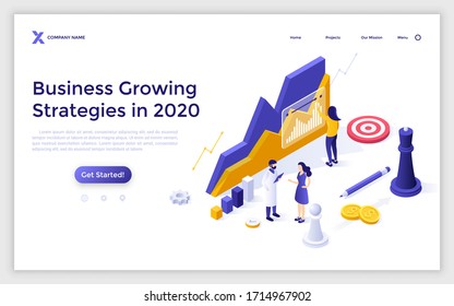 Plantilla de página de inicio con gráfico ascendente, gente de trabajo, piezas de ajedrez. Concepto de estrategias de crecimiento empresarial, desarrollo de nuevas empresas, crecimiento de ingresos. Isometric vectorial ilustración para el sitio web.