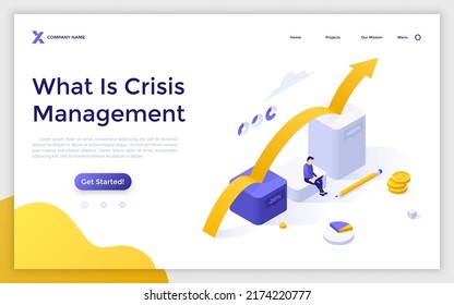 Landing page template with ascending chart and person working on laptop computer. Concept of crisis management service, financial recovery of company. Modern isometric vector illustration for website.