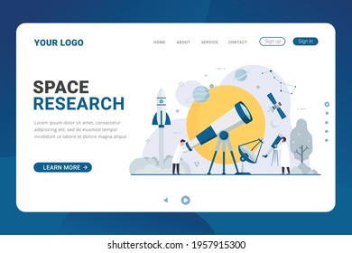 Landing page template Astronomy flat tiny people space research design concept vector illustration