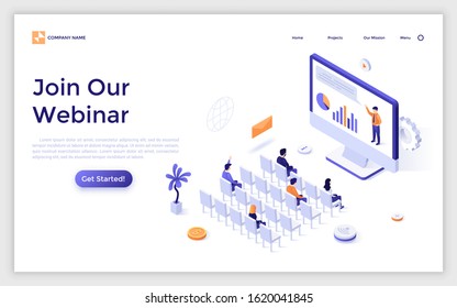 Landing Page Template With Audience Looking At Monitor And Watching Person Giving Lecture Online. Concept Of Webinar, Webcast, Streaming Media. Isometric Vector Illustration For Internet Event Promo.