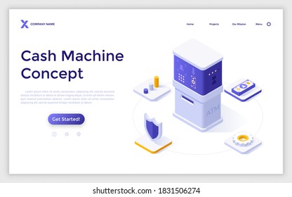 Landing page template with automated teller machine or cashpoint. Concept of ATM for money withdrawal, safety of financial transaction, bank service. Modern isometric vector illustration for website.