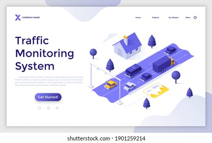 Landing Page Template With Automobiles Riding Along Road. Concept Of Intelligent City Traffic Monitoring, Control And Management System Or Technology. Modern Isometric Vector Illustration For Website.