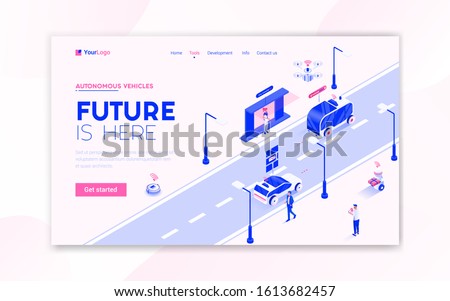 Landing page template of Autonomous Vehicles. Modern isometric design concept of web page design for website and mobile website. Easy to edit and customize. Vector illustration