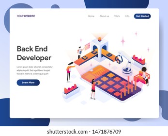 Landing page template of Back End Engineer Isometric Illustration Concept. Modern design concept of web page design for website and mobile website.Vector illustration EPS 10