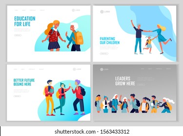 Landing page template with Back to school flat vector illustration. Preteen and teenage schoolkids. Parents with kids, schoolmates, friends cartoon characters. Schoolboys and schoolgirls
