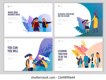 Landing page template with Back to school flat vector illustration. Preteen and teenage schoolkids. Parents with kids, schoolmates, friends cartoon characters. Schoolboys and schoolgirls