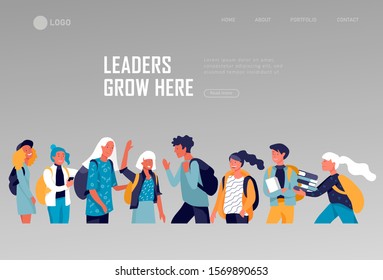 Landing page template with Back to school flat vector illustration. Preteen and teenage schoolkids. Schoolmates, friends cartoon characters. Schoolboys and schoolgirls