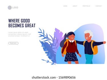 Landing page template with Back to school flat vector illustration. Preteen and teenage schoolkids. Schoolmates, friends cartoon characters. Schoolboys and schoolgirls