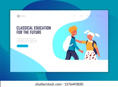 Landing page template with Back to school flat vector illustration. Preteen and teenage schoolkids. Schoolmates, friends cartoon characters. Schoolboys and schoolgirls
