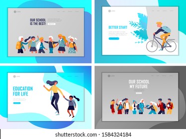 Landing page template with Back to school flat vector illustration. Preteen and teenage schoolkids. Parents with kids, schoolmates, friends cartoon characters. Schoolboys and schoolgirls