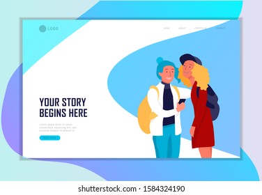 Landing page template with Back to school flat vector illustration. Preteen and teenage schoolkids. Schoolmates, friends cartoon characters. Schoolboys and schoolgirls