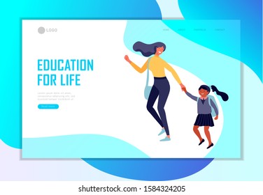 Landing page template with Back to school flat vector illustration. Preteen and teenage schoolkids. Parents with kids, schoolmates, friends cartoon characters. Schoolboys and schoolgirls