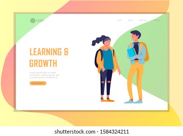 Landing page template with Back to school flat vector illustration. Preteen and teenage schoolkids. Schoolmates, friends cartoon characters. Schoolboys and schoolgirls