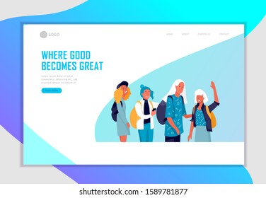 Landing page template with Back to school flat vector illustration. Preteen and teenage schoolkids. Schoolmates, friends cartoon characters. Schoolboys and schoolgirls
