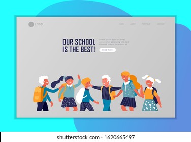 Landing page template with Back to school flat vector illustration. Preteen and teenage schoolkids. Schoolmates, friends cartoon characters. Schoolboys and schoolgirls