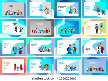 Landing page template with Back to school flat vector illustration. Preteen and teenage schoolkids. Parents with kids, schoolmates, friends cartoon characters. Schoolboys and schoolgirls