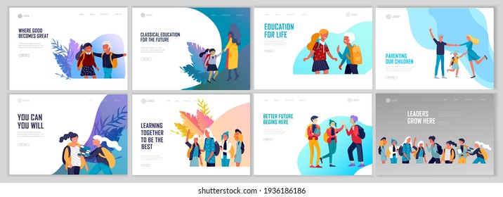 Landing page template with Back to school flat vector illustration. Preteen and teenage schoolkids. Parents with kids, schoolmates, friends cartoon characters