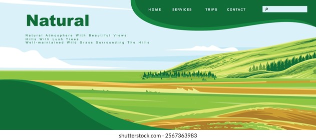 landing page template with a background of undulating green hills and lush plants