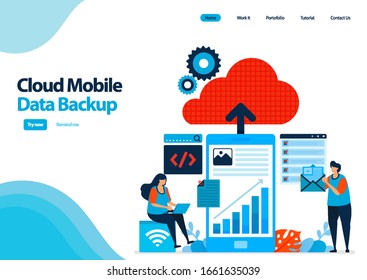 landing page template of backup mobile work data and personal documents to cloud computing. mobile online secure with cloud technology. illustration for ui ux, website, web, mobile apps, flyer, ads