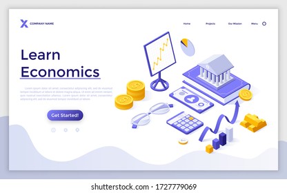Landing page template with bank building on book, calculator, glasses, ascending charts. Concept of learning economics, financial or banking systems. Modern isometric vector illustration for website.
