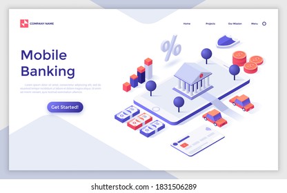Landing page template with bank building on top of smartphone, money banknotes and coins. Concept of application for mobile banking. Modern isometric vector illustration for service advertisement.