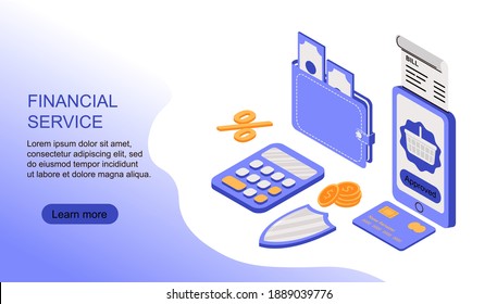 Landing page template with  banknote, wallet, coins, calculator, receipt, shield. Concept of cash money, payment, financial service. Modern isometric vector illustration for webpage.