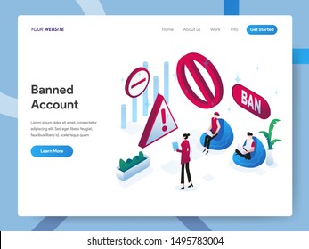 Landing page template of Banned Account Isometric Illustration Concept. Modern design concept of web page design for website and mobile website.Vector illustration EPS 10