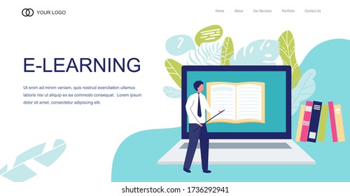 Landing Page, template banner. Vector online education illustration of teacher man look like school board with book. on notebook background. Online education background. Online education concept. flat