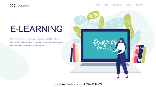 Landing Page, template banner. Vector online education illustration of teacher woman look like school board. on notebook background. Online education background. Online education concept. flat