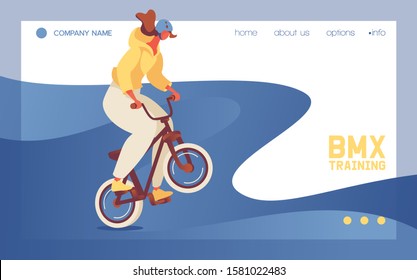 Landing page template or banner for web site with young girl in helmet riding bmx sport bike. Concept scene good for dirt and motocross games. Character doing jump trick.