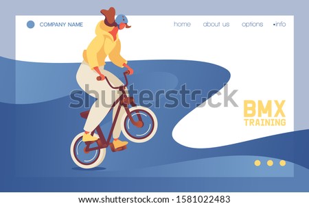 Landing page template or banner for web site with young girl in helmet riding bmx sport bike. Concept scene good for dirt and motocross games. Character doing jump trick.