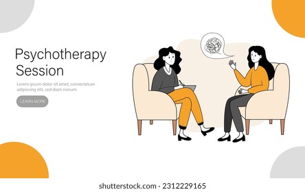 Landing page template or banner. Woman is talking to a psychologist. Vector illustration.