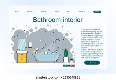 Landing page template of bathroom interior. Concept of web page design for website and mobile website. Vector illustration.