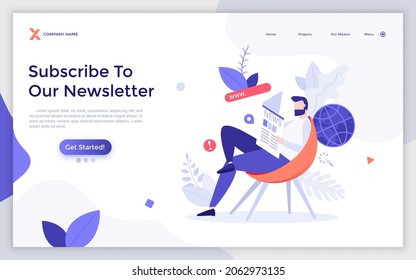 Landing Page Template With Bearded Man Sitting On Chair And Reading Newspaper. Concept Of Subscription To Newsletter, Sending News To Readers Via E-mail. Modern Flat Vector Illustration For Webpage.