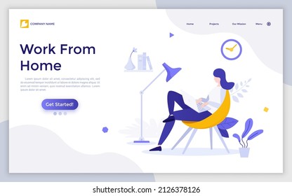 Landing page template with bearded woman sitting in chair with laptop computer. Concept of work from home, remote job, personal workspace, freelancer's workplace. Flat vector illustration for webpage.