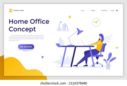 Landing page template with bearded woman sitting at desk with laptop computer. Concept of building home office, freelancer's workplace, remote or distant work. Flat vector illustration for website.