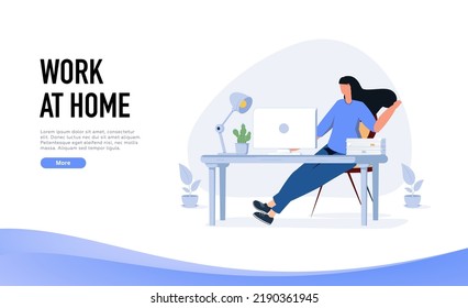 Landing page template with bearded woman sitting at desk with laptop computer. Concept of building home office, freelancer's workplace, remote or distant work. Flat vector illustration for website.