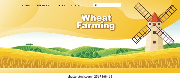 landing page template with beautiful rural landscape background with golden wheat fields and traditional windmills.