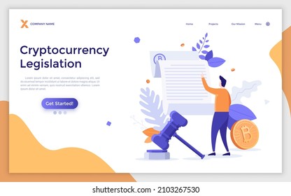 Plantilla de página de inicio con Bitcoin, hombre leyendo documento y gavel. Concepto de legislación criptomonetaria, regulación legal de moneda criptográfica, ley de cadena de bloqueo. Ilustración vectorial plana para sitio web.