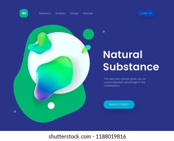 Landing page template with blue abstract liquid shapes - Natural Substance, can be used for presentation, cover, business communication and branding theme web sites. Header for website. Vector