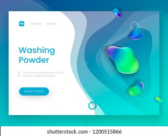 Landing page template with a blue fresh background - Washing Powder, can be used for detergent, soap, shampoo and laundry theme web sites. Header for website. Vector illustration