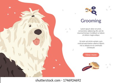 Landing page template with bobtail dog breed and tools. Pet care banner for grooming salon and pet shops. Flat vector illustration. Flyer, social network, animal guide, business card.
