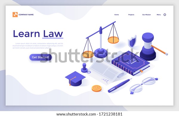 Landing page template with book, scale,\
document, gavel, graduation cap. Concept of learning law, studying\
jurisprudence, legal protection course. Modern isometric vector\
illustration for\
website.