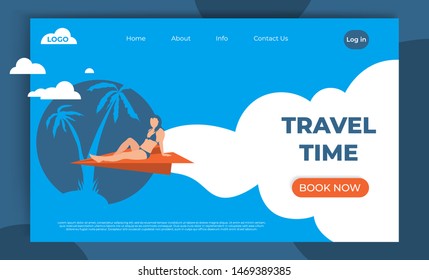 Landing page template of Book ticket flight for travel agency web page design. Modern flat concept mobile tourism website. Vector illustration with girl trip on paper plane. Banner, poster template