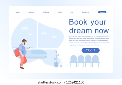 Landing page template of Book your flight. Modern flat design concept of web page design for website and mobile website. Vector illustration in flat design. 