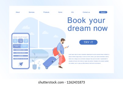 Landing page template of Book your flight. Modern flat design concept of web page design for website and mobile website. Vector illustration in flat design.