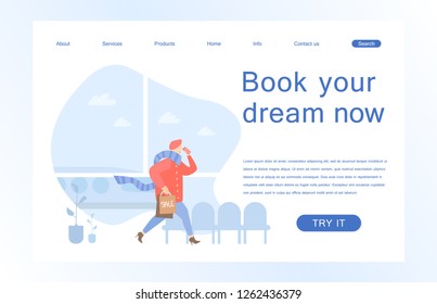 Landing page template of Book your flight. Modern flat design concept of web page design for website and mobile website. Vector illustration in flat design.