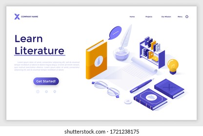 Landing page template with books on shelf, writings, quill pen. Concept of learning literature, prose and poetry, university degree in literary studies. Isometric vector illustration for website.