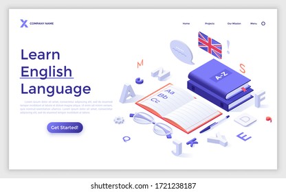 Landing page template with books or textbooks, notebook, glasses, letters and UK flag. Concept of english learning, studying foreign language, translation course. Modern isometric vector illustration.